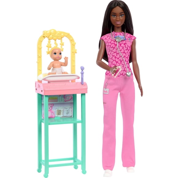 Barbie Baby Doctor Doll with Brunette Fashion Doll, 1 Baby Doll, Furniture & Accessories