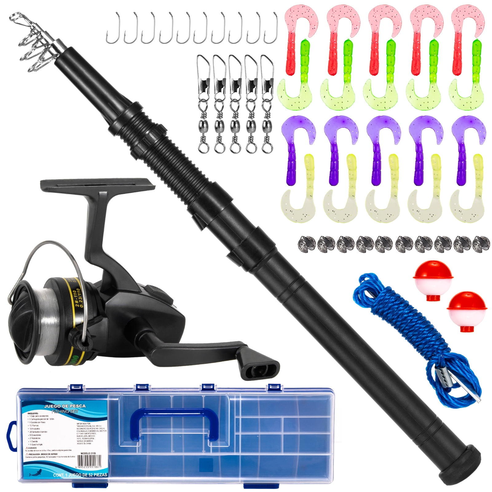 Fishing Rod and Reel Combo with Carry Box 51pcs Fishing Tackle Set Telescopic Fishing Rod Pole with Spinning Reel Lures Float Hooks Swivels Accessories