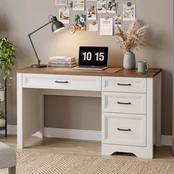 Bureau Exécutif en Bois Style Ferme de 47 Pouces, avec 4 Tiroirs, Bureau d'Ordinateur pour Bureau à Domicile pour Travail/étude/écriture, Blanc et Brun