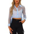 thumbnail image 1 of INSPIRE CHIC Women's Button-Front Point Collar Mesh Sheer Long Sleeve Shirt Tops M Light Blue, 1 of 6