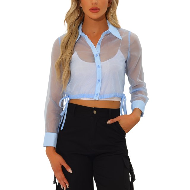 INSPIRE CHIC Women's Button-Front Point Collar Mesh Sheer Long Sleeve Shirt Tops M Light Blue