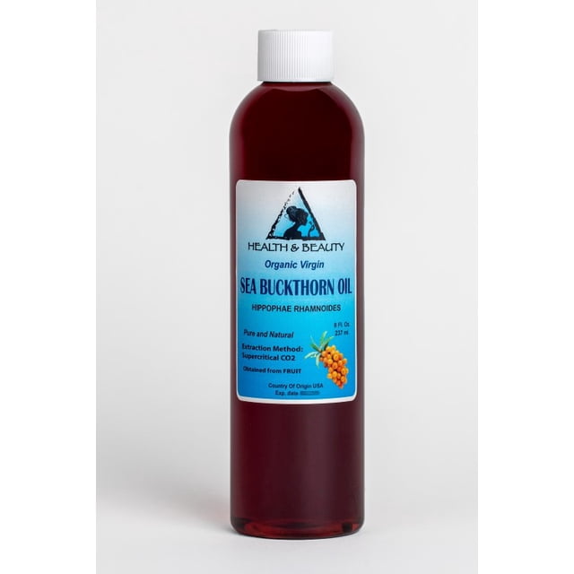 Huile d'Argousier Non Raffinée Biologique extra Vierge Extraite au CO2 pure de Qualité Supérieure dans une Bouteille en Plastique Transparent de 8 oz avec un Bouchon Blanc. l'Étiquette Présente le logo de la Marque Health & Beauty, les Détails du Produit et une image des Baies d'Argousier. l'Huile Est Brun Rougeâtre et Est Connue pour Ses Propriétés Nourrissantes pour la Peau, Y Compris des Antioxydants et des Vitamines. Convient aux Soins du Corps, à l'Aromathérapie et aux formulations Cosmétiques.