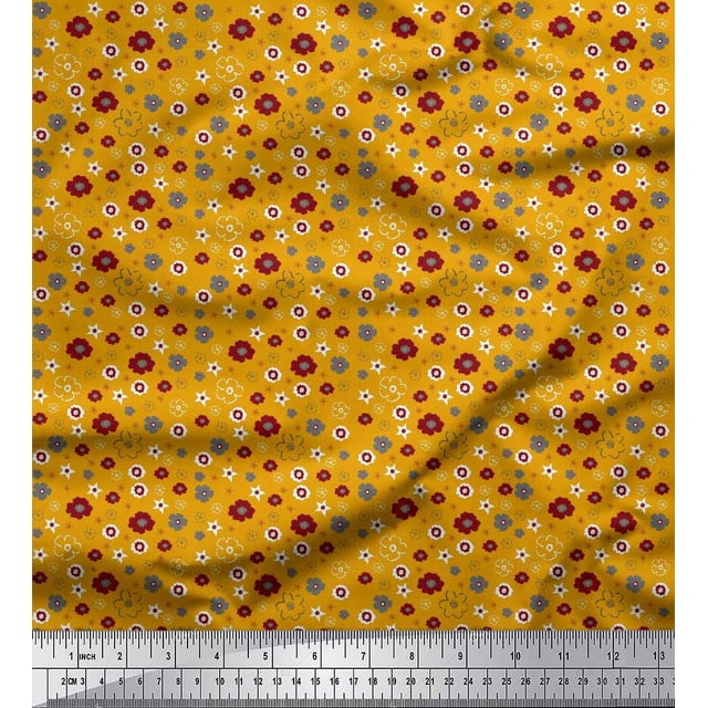 Soimoi Gold Modal Satin Fabric Flower Artistic Print Fabric by the Yard 42 Inch Wide