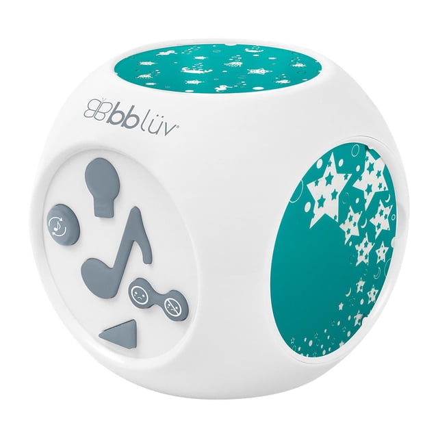 Bbluv - Kube - Veilleuse Musicale avec projection, une machine Sonore pour Bébé en Forme de Cube Blanche avec Panneaux Turquoise Présentant des Découpes d'Étoiles et de Lune pour projection au Plafond, Équipée de Boutons de Commande Gris pour Berceuses, Sons de la nature, activation Vocale et Minuterie pour Apaiser les Bébés pendant le Sommeil.