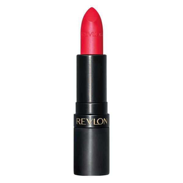 Revlon Super Lustrous™ Matte Lipstick in vivid red with a smooth matte finish, housed in a soft-touch black tube with gold Revlon branding, delivering hydrating, full-coverage colour and a comfortable, velvety feel ideal for daily use.