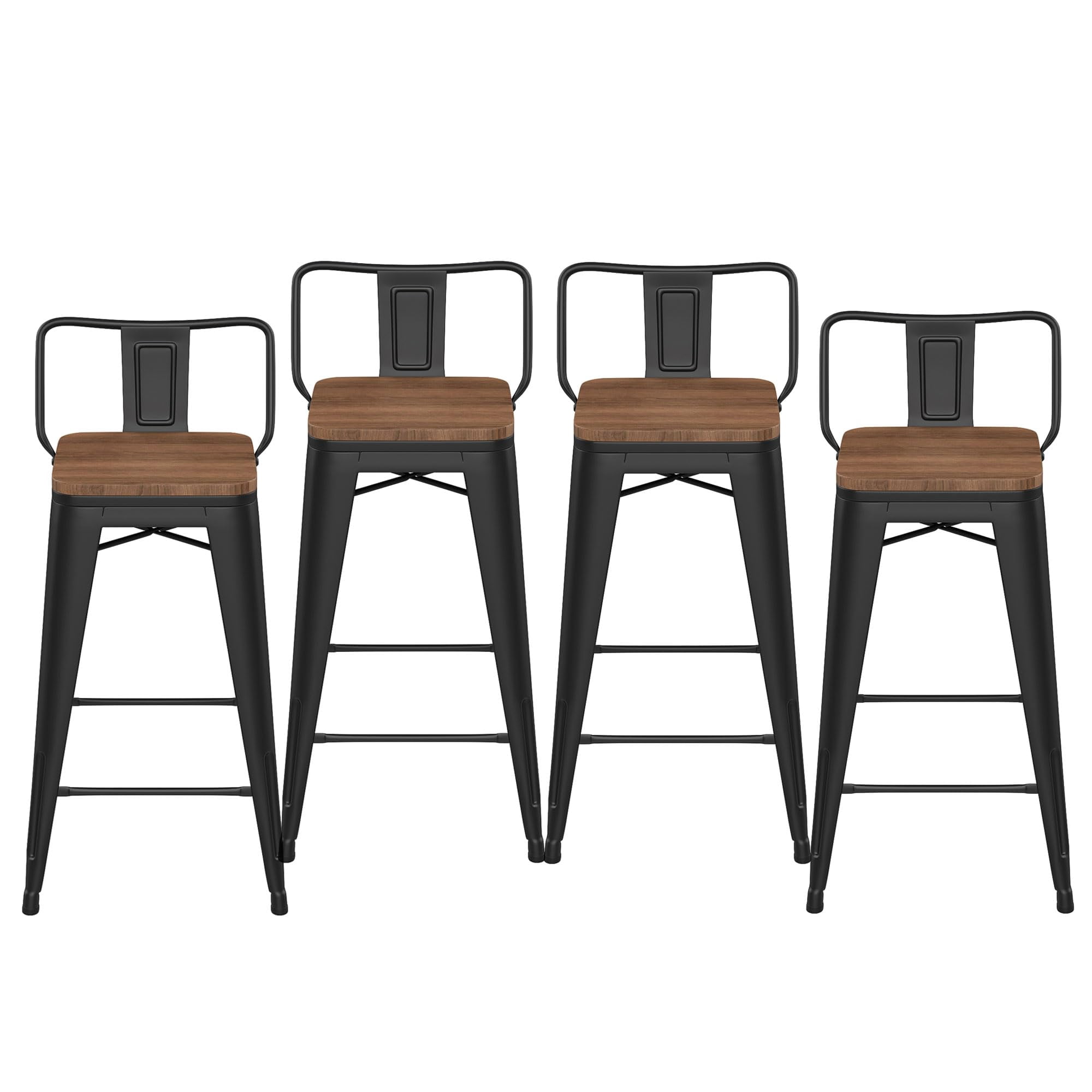 HAOBO Home 30" Low Back Barstools Metal Stool with Wooden Seat [Set of 4] Counter Height Bar Stools, Matte Black
