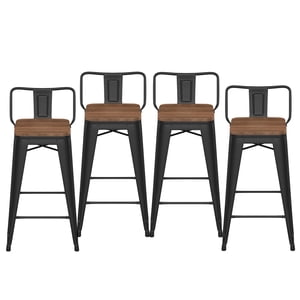HAOBO Home 30" Low Back Barstools Metal Stool with Wooden Seat [Set of 4] Counter Height Bar Stools, Matte Black