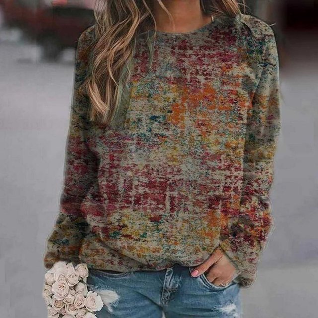 Chemises pour Femmes Chandails en Molleton Décontractés Imprimés Thermiques Col Rond Manches Longues T-Shirts Amples Hauts pour Femmes Bleu G