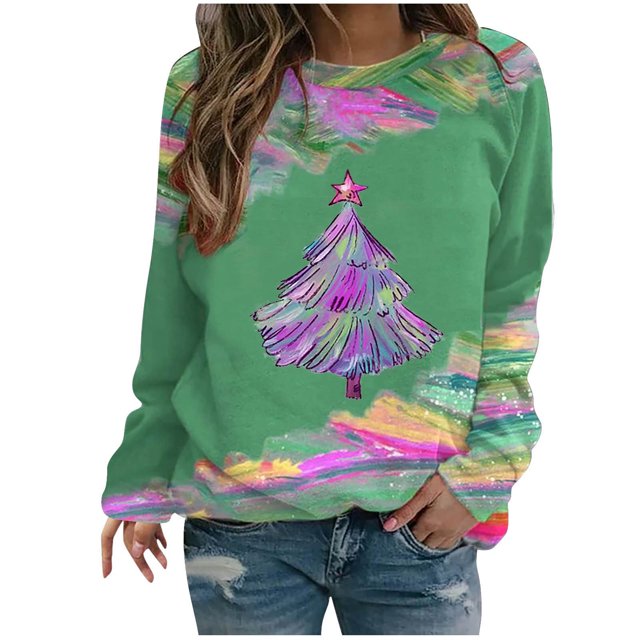 EQWLJWE Sweatshirts Arbre de Noël Sweatshirts à Manches Longues Col Rond Pull-Over Arbre de Noël Tops et Frais Greens Cravate Teints Raglan Manches Top Sweatshirts de Noël for Grande Taille pour Femme Tailles