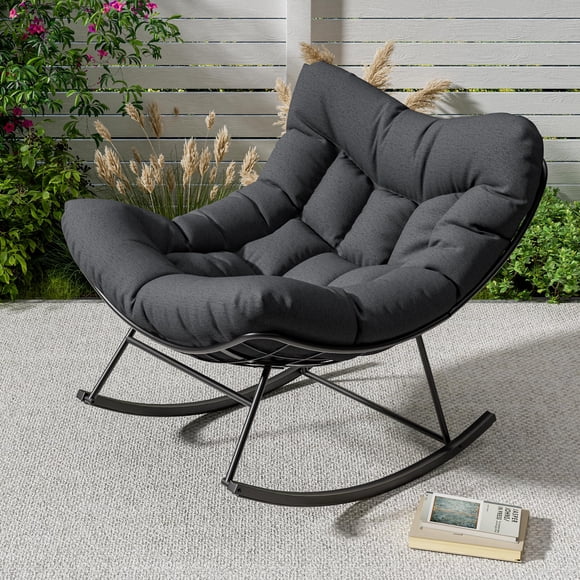Outdoor Papasan Rocking Chair, Oversized Rocking Chair with Sturdy Metal Frame, Patio Rattan Egg Rocker for Balcony Backyard Porch Bedroom