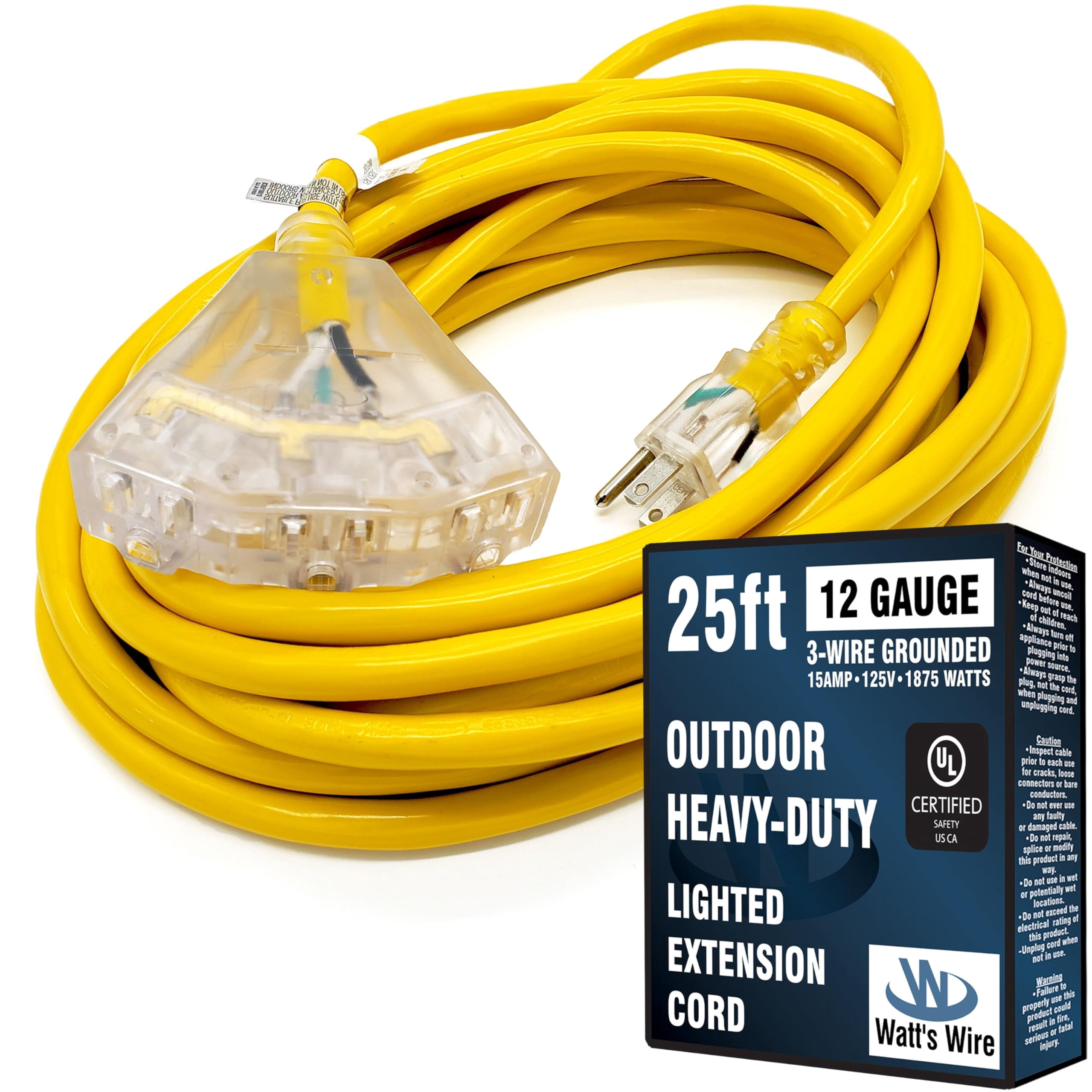 25 ft - 12 Gauge Heavy Duty Extension Cord - 3 Outlet Lighted SJTW - Indoor/Outdoor Extension_Cord by Watt's Wire - 25' 12-Gauge Grounded 15 Amp ExtensionCord
