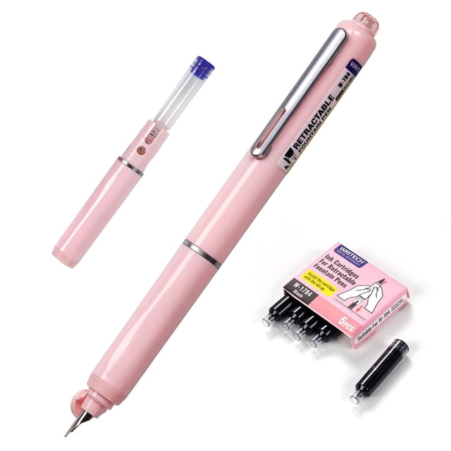 WRITECH RETRACTABLE FOUNTAIN PEN in pink with a fine nib, designed for smooth writing. The set includes five black ink cartridges and is suitable for calligraphy, sketching, and journaling. The pen features a retractable mechanism and a sleek clip for portability.