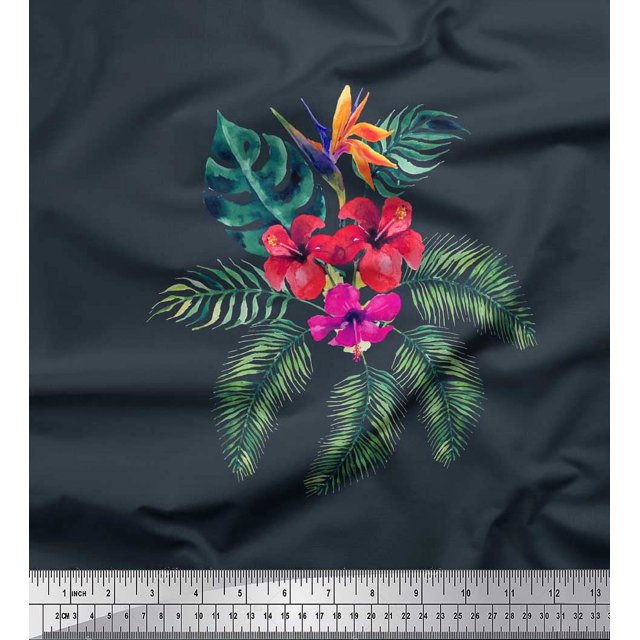 Soimoi polyester Crepe Fabric Floral & Leaves Tropical Fabric Prints By Yard 42 Inch Wide