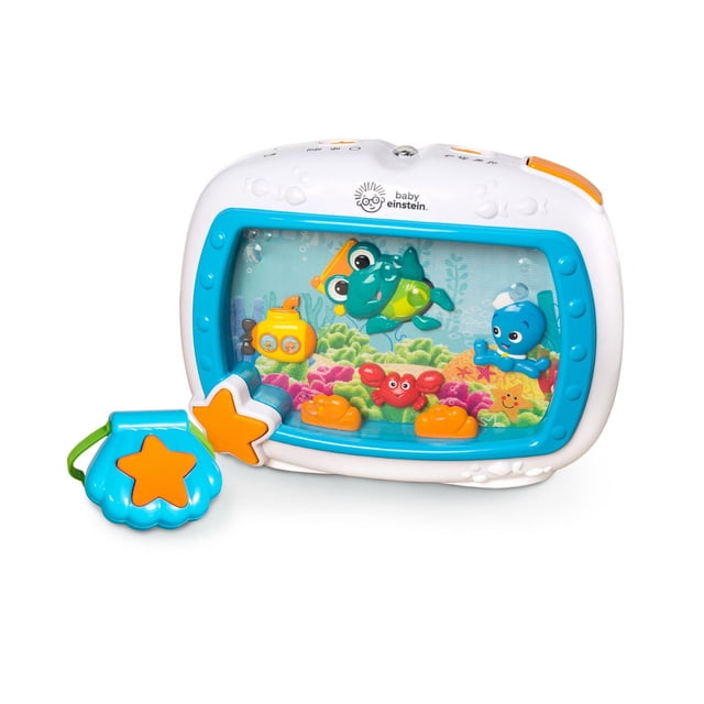 Baby Einstein Apaisant pour Rêves MarinsTM Jouet de Berceau avec Cadre Blanc et Bleu Mettant en Vedette des Personnages sous-Marins Colorés, Dont une Tortue Verte, un Crabe orange, une Pieuvre Bleue et un sous-Marin Jaune, plus des Hochets Attachés en Forme d'Étoile de Mer Bleus et orange, Conçu pour Apaiser les Nourrissons avec des Effets de Lumière et de Son.