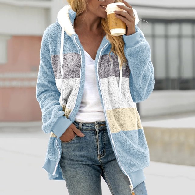 EGNMCR Womens Winter Fuzzy Fleece Jacket Hooded Color Block Patchwork Cardigan Zipper Pullover Coats Outerwear with Pockets