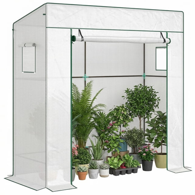 Outsunny Serre à Tomates avec Housse en PE Renforcée, Serre à Entrée Centrée Vue avant d'Une Serre Adossée à Entrée avec Housse en PE Renforcée Blanche et Cadre en Acier, Grande Porte Enroulable et Deux Fenêtres Carrées en Maille Ventilée, Toit en Pente avec Cordes et Piquets de Sol, dimensions 196 x 77 x 197/178 cm, Conçue pour les Plantes Grimpantes comme les Tomates et les Concombres et Convient au Démarrage des Semis.