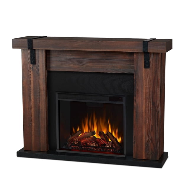 Aspen 49" Electric Fireplace with weathered barnwood timber and iron accents, featuring a black electric firebox with infrared LED flames and glowing embers, providing supplemental heat with adjustable thermostat and multiple flame colors.