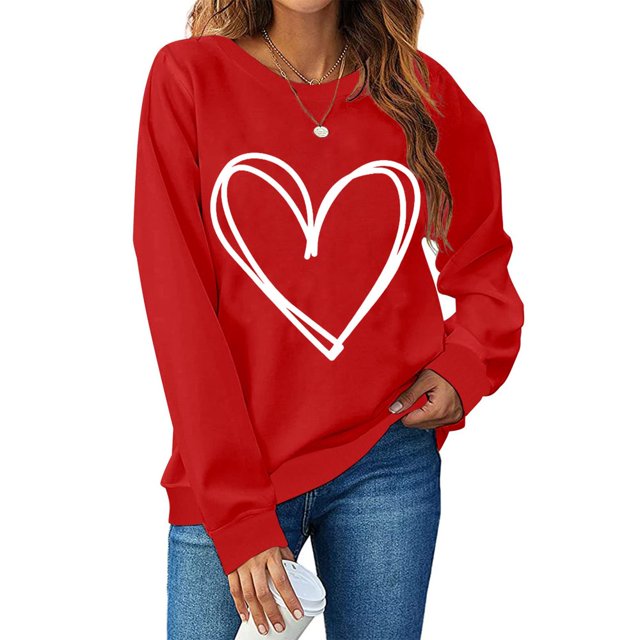 T-shirt de la Saint-Valentin pour Femmes 2024, Chandails à Col Rond, T-Shirts Décontractés avec Cœur, T-Shirts Graphiques Amples à Manches Longues, Chandails à Enfiler, Hauts Mode pour les Fêtes, T-Shirt