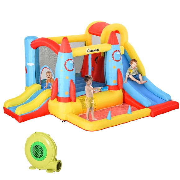 Outsunny Chateaux Rebondissants pour Enfants, Trampoline Glisseur d'Eau Gonflable, Maison Rebondissante 4 en 1 avec Souffleur d'Air 450 W pour Enfants de 3 à 8 Ans, Design Fusée 10,8 Pieds x 8,7 Pieds x 6,1 Pieds