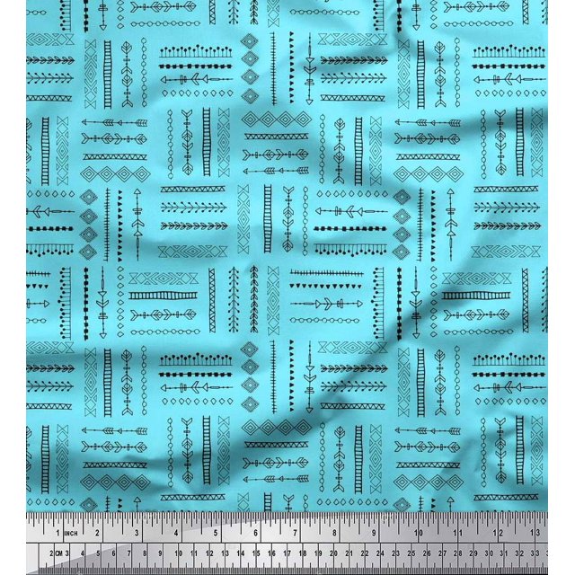 Soimoi Blue Poly Georgette Fabric Geometric & Arrow African Print Sewing Fabric Yard 52 Inch Wide