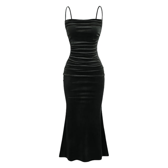 hotojiny Robes d'Invitée de Mariage pour Femmes Élégantes à Bretelles Spaghetti à Col Carré en Velours Robe Formelle Froncée Moulante Robe de Cocktail pour Fête