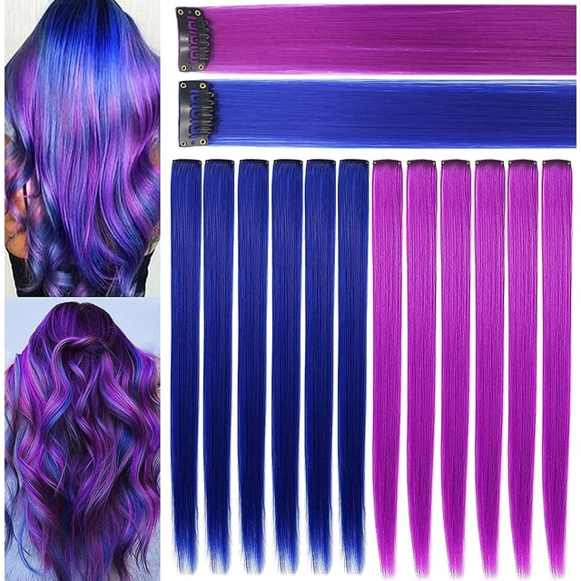 Mèches de Fête Princesse 21 Pieds' Turquoise, Extensions de Cheveux Colorées à Clipser/à Enfiler pour Filles Américaines et Enfants, Pièces de Perruque - Bleu + Violet Raisin