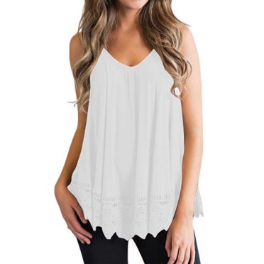 Débardeur Camisole Grande Taille pour Femmes Été Sans Manches Décontracté Ample Uni T-Shirts Débardeurs Plissés Fluides avec Garniture en Dentelle Blouses