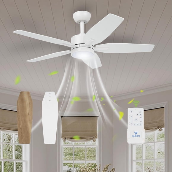 VAGIZM 42 Inch Ceiling Fan with Light - 5 Blades Modern Ceiling Fan for Living Room and Bedroom - Quiet DC Motor - 3CCT - 6 Speeds - Dimmable - Reversible Function - White