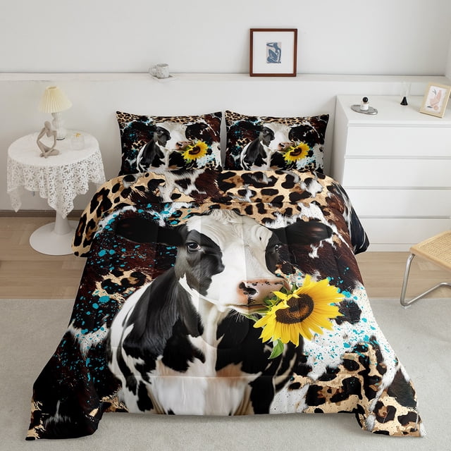 Erosebridal Highland Cattle Bedding Full Comforter Set, Rustic Sunflower Down Comforter, Leopard Cheetah Print Decor, Lightweight
