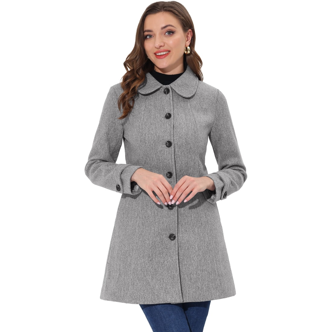 INSPIRE CHIC Manteau Long d'Hiver pour Femme à Col Peter Pan, à Simple Boutonnage, Gris Uni G