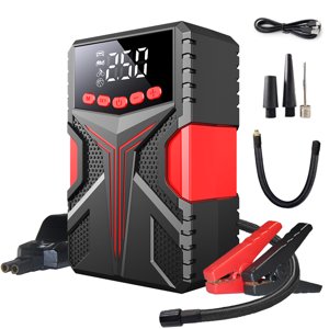 12V 2000A Démarreur de saut de voiture avec 150PSI Air Compresseur - 10000mAh Banque d'électricité portable, LED Lampe de poche & SOS Mode, pinces de sécurité intelligentes jusqu'à 6.5L Moteurs diesel à gaz/4,0L, ABS+PC