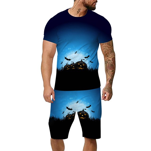 toraway Autumn Men's Short Sets Men's Set Fun Printed Short Sleeve with Shorts Pocket Casual Sports Set L