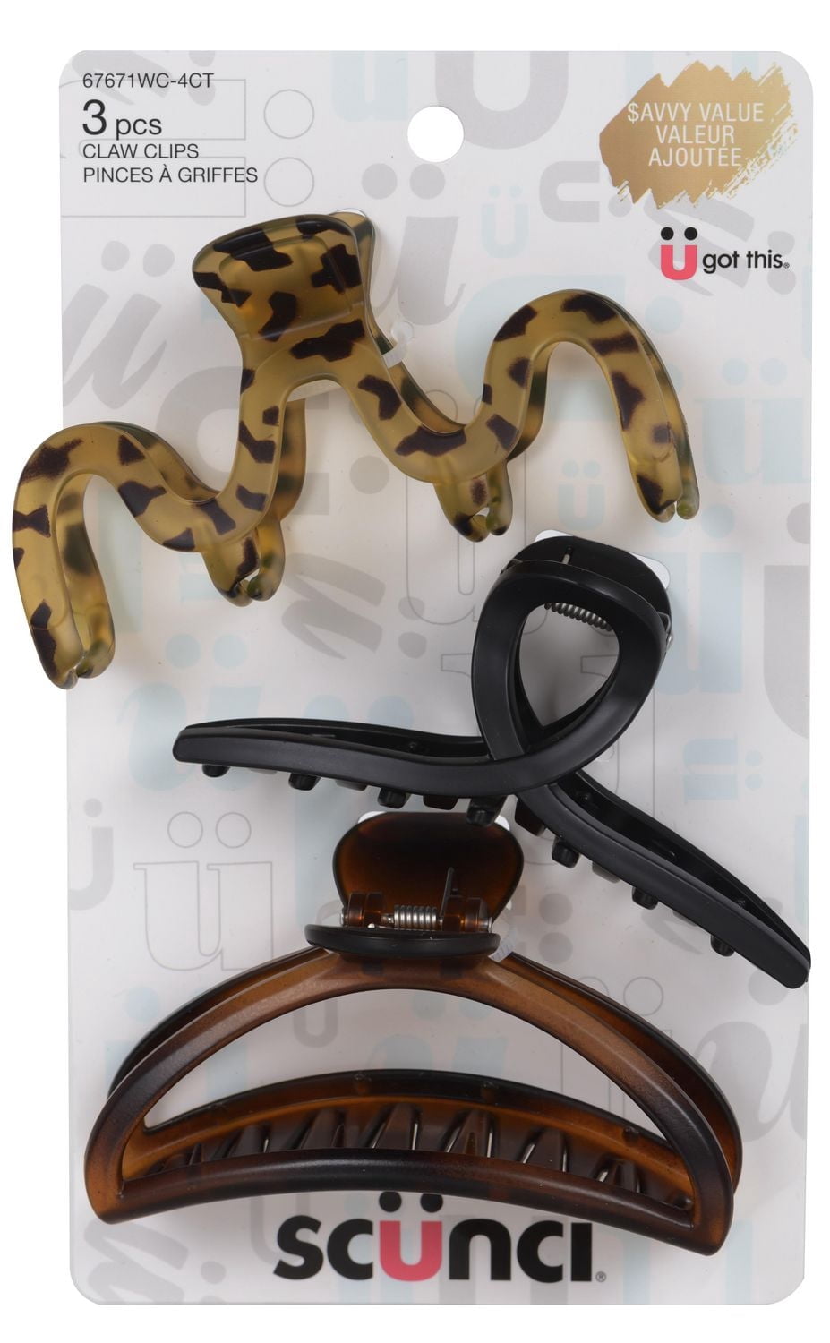 Scunci Savvy Value 3pk Matte Thin Claw Clips, Black Brown Torte, All Hair Types