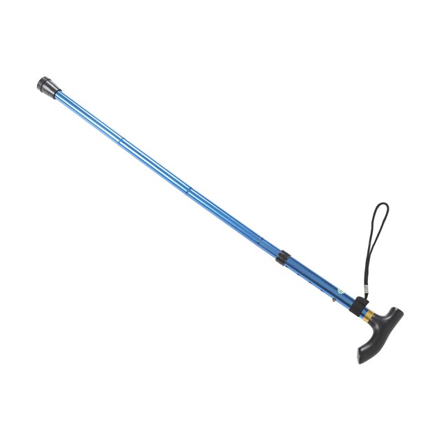 Walking Stick, Adjustable Hiking Pole Aluminum Alloy for Adventuring by Fyydes, shown in a vibrant blue finish. Features a durable aluminum alloy construction, ergonomic non-slip handle, and a telescopic design with four foldable sections for portability. Often referred to as a trekking pole, it includes a wrist strap for added security.