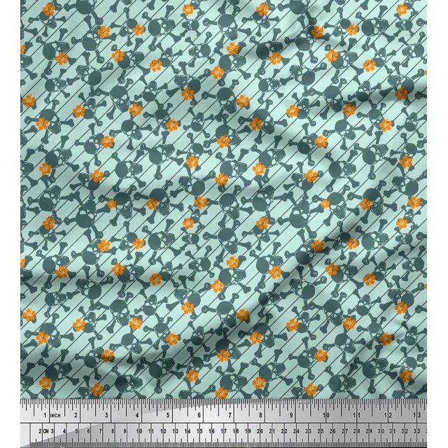 Soimoi polyester Crepe Fabric Diagonal Stripe,Cross Bones & Skull Printed Fabric 1 Yard 52 Inch Wide