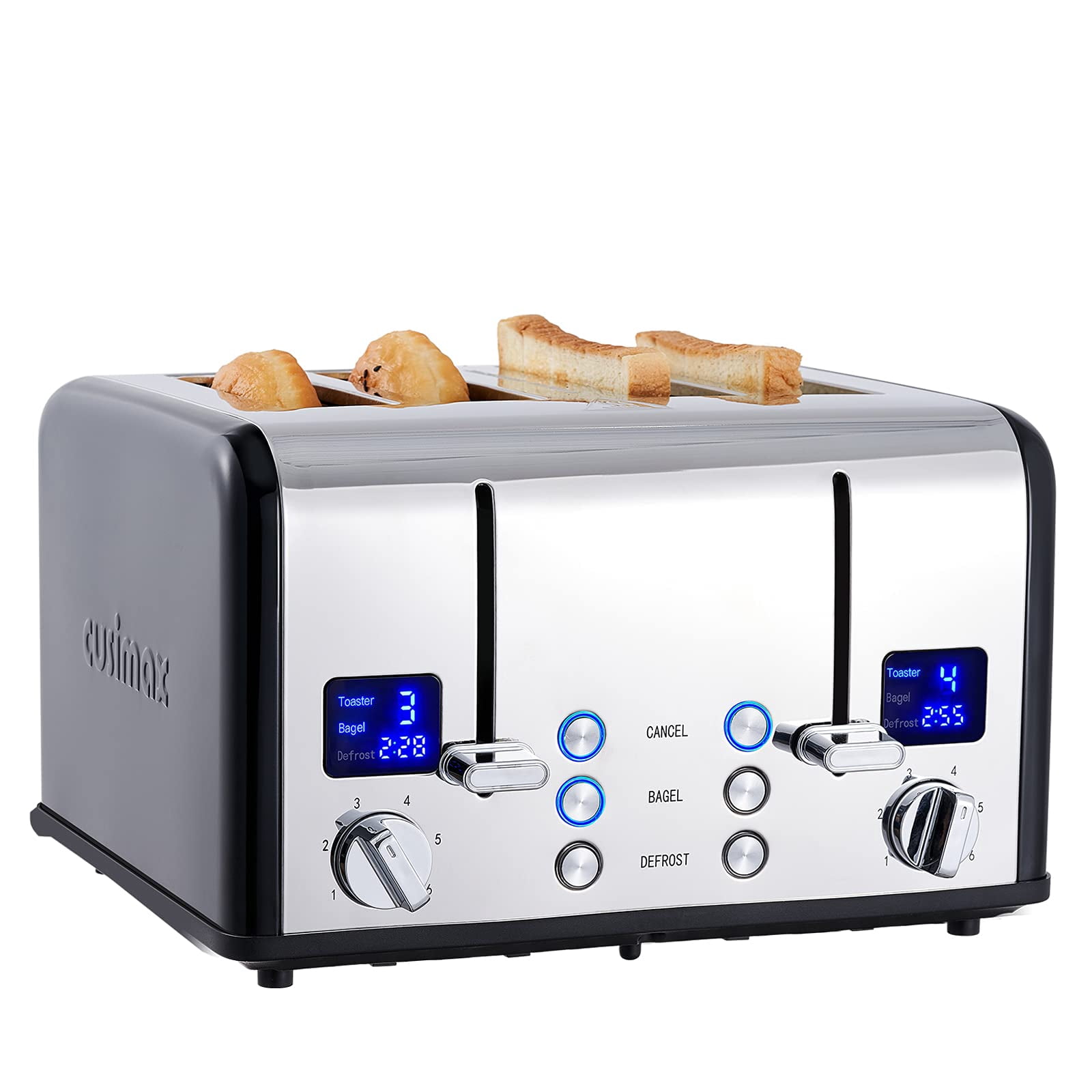 CUSIMAX 4 Slice Toaster, Stainless Steel, Ultra-Clear LED Display & Extra Wide Slots, with Dual Control Panels of 6 Shade Settings, Cancel/Bagel/Defr