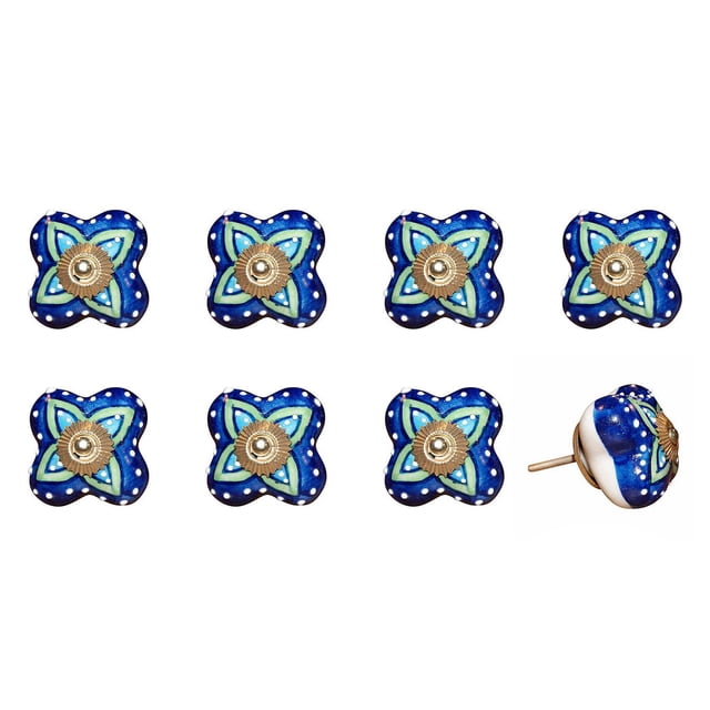 KNOB-IT vintage handpainted ceramic knobs 8 pack showing blue flower-shaped knobs with white dots and green and light blue petals, each with a brass bolt and nut; one knob side view reveals 1.25 inch bolt, suitable for cabinets and drawers with easy installation.