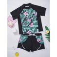 thumbnail image 3 of CHICTRY Kids Girls Rash Guard Swimsuit 2Pcs Sets Floral Print Short Sleeve Shirt with Booty Shorts Tankini Summer Lily Pink 14, 3 of 7