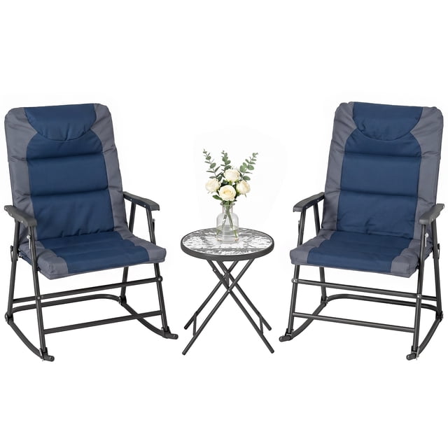 Outsunny Outdoor Rocking Chair and Table Set, Folding Bistro Set, Blue