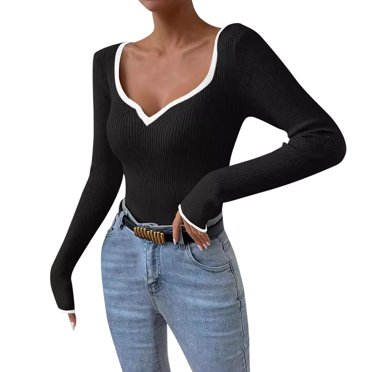 TJAZFJPA Pull Crochet pour Femmes Col en V Rayé Contraste Couleur Côtelé Ajusté Mode Pull-Over Européen et Ample Grande Taille Pull pour Femmes Manches Longues