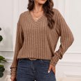 thumbnail image 5 of Swstbby Fall Savings Clearance! Womens Fall Tops Plus Size, Women's Solid Color Long Sleeve V Neck Pullover Top Coffee S, 5 of 5