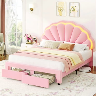 Homfa Full Size Bed Frame with LED Lights & Storage Drawers, Upholstered Platform Bed with Adjustable Petal Headboard, Pink Velvet
