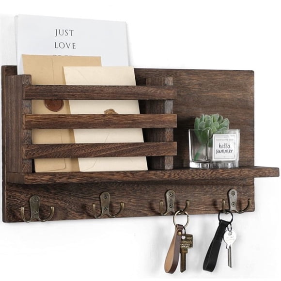 Key Holder for Wall with Shelf Rustic Mail Organizer Wall Mount Wooden Entryway Hanging Mail Organizer with Key Hooks and Mail Holder for Hallway Farmhouse Decor(Dark Brown)