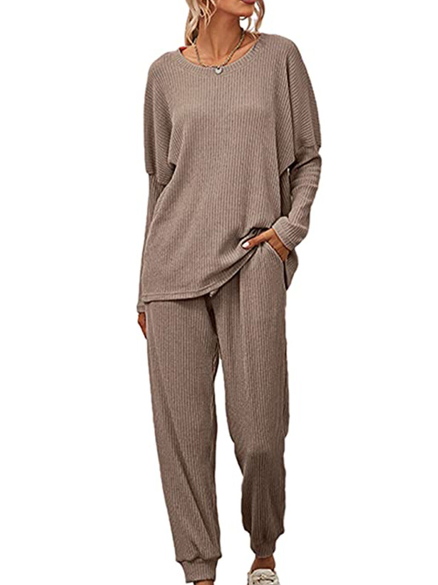 Innerwin Loungwear Elastic Waist Ladies Nightwear Sleep Drawstring With Pockets Sleepwear Coffee XL