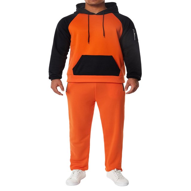 Men‘s Fitness Sports Pants Set Contrast Color Patchwork Drawstring Hooded Large Pocket Sweater + High Stretch Pants