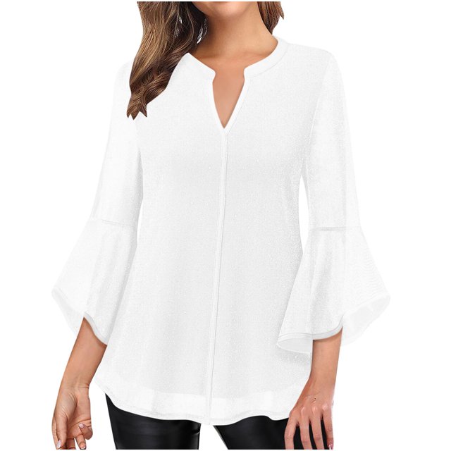 Meichang Clearance Womens Tops Ruffle 3/4 Sleeve Notch V Neck Double Layers Mesh Shirts Dressy Casual Flowy Blouses for Work