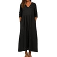 thumbnail image 2 of TIMIFIS Robes d'Été pour Femmes Couleur Unie Col en V Manches 3/4 Longue Robe Décontractée Coupe Ample Taille Haute Maxi Fluide avec Poches, 2 of 7
