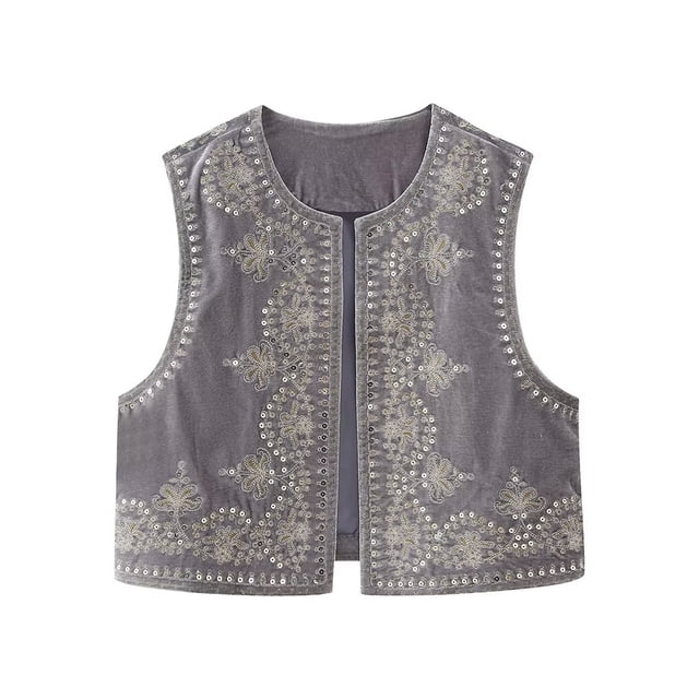 Diconna Gilet pour Femmes, Sans Manches à devant Ouvert avec Broderie de Fleurs et Paillettes, Gilet d'Extérieur pour la Rue Cual