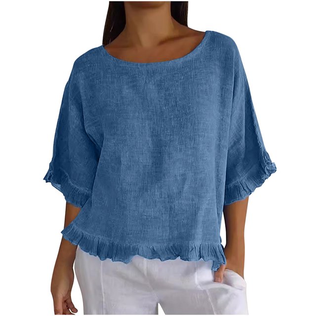Plebaso T-Shirts en Coton et Lin pour Femmes à Manches à Volants, Col Ras du Cou, T-Shirts Unis Légers, Hauts