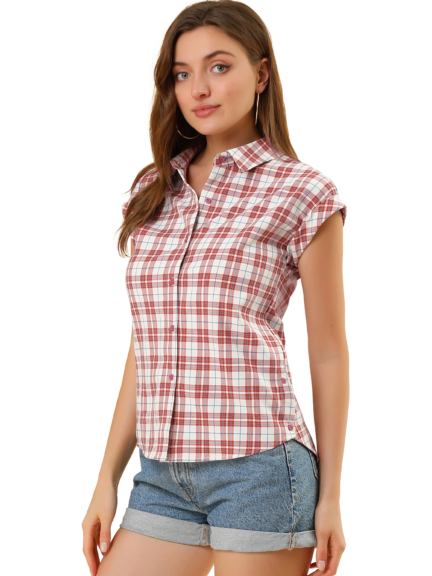 INSPIRE CHIC Women's Casual Plaids Short Sleeves Button Down Shirts